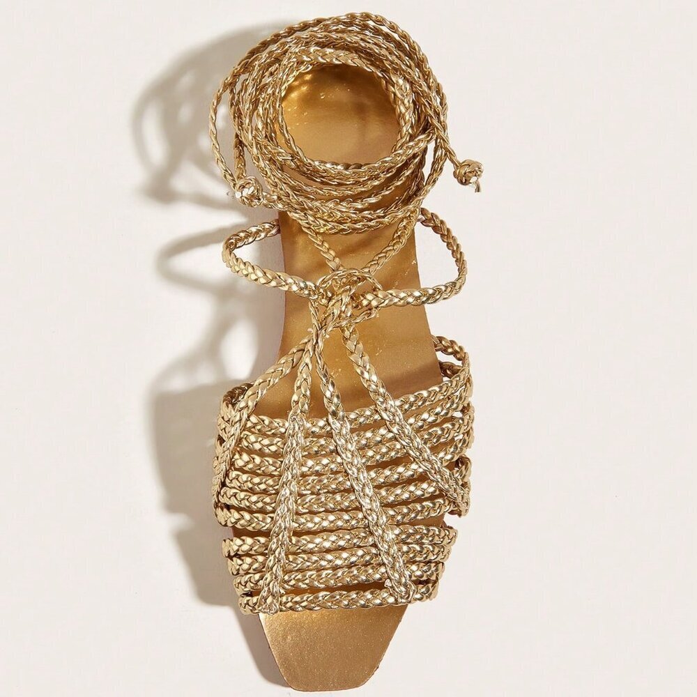 Gold Bohemian Women's Braided Strap Sandals with Random Texture - Picture 3 of 6
